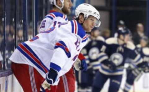 Apr 4, 2016; Columbus, OH, USA; New York Rangers center Eric Staal (12) against the Columbus Blue Jackets at Nationwide Arena. The Rangers won 4-2. Mandatory Credit: Aaron Doster-USA TODAY Sports