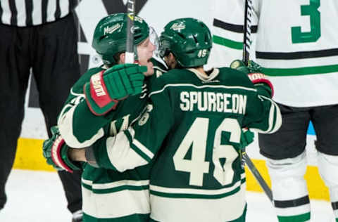 Feb 16, 2017; Saint Paul, MN, USA; Minnesota Wild defenseman Jared Spurgeon (46) celebrates his goal with defenseman Ryan Suter (20) during the third period against the Dallas Stars at Xcel Energy Center. The Wild defeated the Stars 3-1. Mandatory Credit: Brace Hemmelgarn-USA TODAY Sports