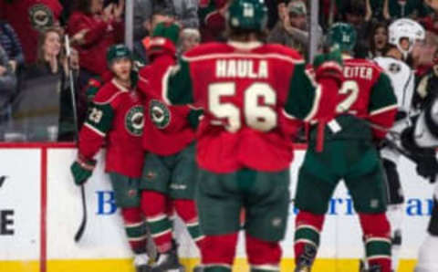 Oct 18, 2016; Saint Paul, MN, USA; Minnesota Wild forward Jason Pominville (29) celebrates his goal with teammates during the first period against the Los Angeles Kings at Xcel Energy Center. Mandatory Credit: Brace Hemmelgarn-USA TODAY Sports