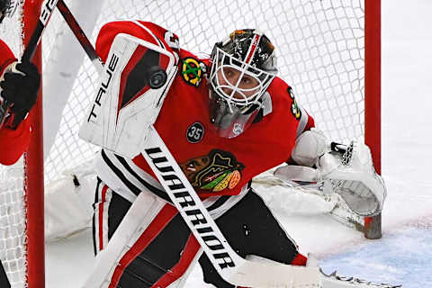 Chicago Blackhawks goaltender Kevin Lankinen (32): Matt Marton-USA TODAY Sports