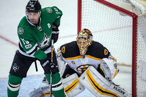 Feb 26, 2017; Dallas, TX, USA; Dallas Stars left wing Patrick Sharp (10) screens Boston Bruins goalie Tuukka Rask (40) during the third period at the American Airlines Center. The Bruins defeat the Stars 6-3. Mandatory Credit: Jerome Miron-USA TODAY Sports