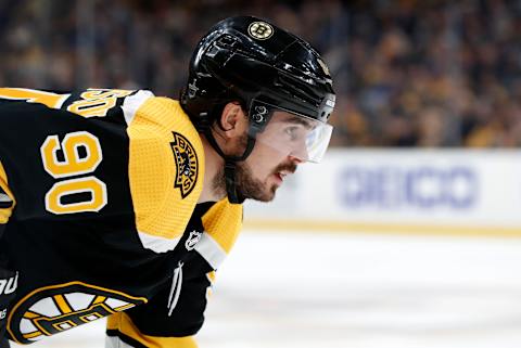 BOSTON, MA – APRIL 11: Boston Bruins left wing Marcus Johansson (90) eyes a face off during Game 1 of the First Round between the Boston Bruins and the Toronto Maple Leafs on April 11, 2019, at TD Garden in Boston, Massachusetts. (Photo by Fred Kfoury III/Icon Sportswire via Getty Images)