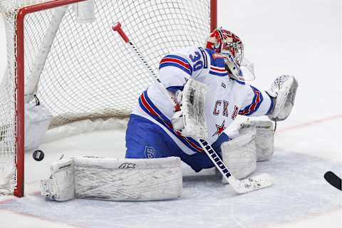 MOSCOW, RUSSIA NOVEMBER 9, 2016: SKA St Petersburgs goaltender Igor Shestyorkin concedes a goal in their 2016/17 KHL Regular Season ice hockey match against Dynamo Moscow at the VTB Ice Palace. SKA won the game 2-3. Mikhail Japaridze/TASS (Photo by Mikhail JaparidzeTASS via Getty Images)