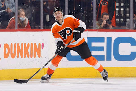 Flyers right wing Bobby Brink in action against the New York Rangers. (Photo by Tim Nwachukwu/Getty Images)