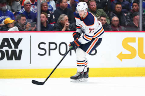 VANCOUVER, BC – DECEMBER 23: Edmonton Oilers Defenceman Oscar Klefbom (77) on ice against the Vancouver Canucks during their NHL game at Rogers Arena on December 23, 2019 in Vancouver, British Columbia, Canada. (Photo by Devin Manky/Icon Sportswire via Getty Images)