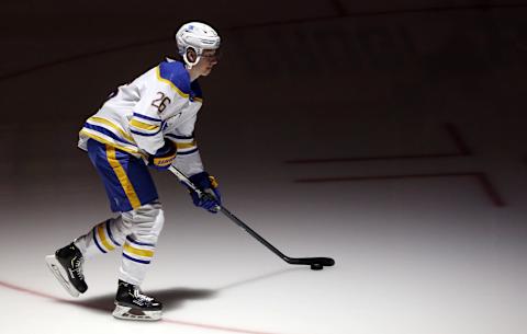 May 8, 2021; Pittsburgh, Pennsylvania, USA; Buffalo Sabres defenseman Rasmus Dahlin (26) takes the ice to warm up against the Pittsburgh Penguins at PPG Paints Arena. Mandatory Credit: Charles LeClaire-USA TODAY Sports