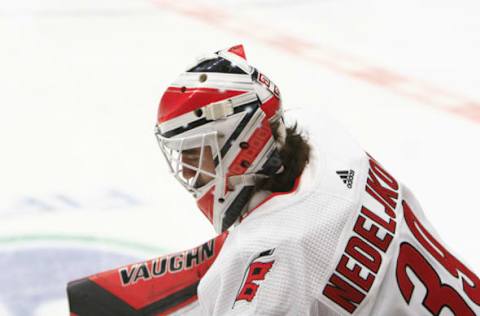 NASHVILLE, TN – SEPTEMBER 25: The artwork on the mask of Carolina Hurricanes goalie Alex Nedeljkovic (39) is shown prior to the NHL preseason game between the Nashville Predators and Carolina Hurricanes, held on September 25, 2019, at Bridgestone Arena in Nashville, Tennessee. (Photo by Danny Murphy/Icon Sportswire via Getty Images)