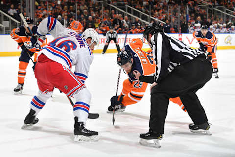 EDMONTON, AB – MARCH 11: Leon Draisaitl #29 of the Edmonton Oilers lines up for a face off against Ryan Strome #16 of the New York Rangers on March 11, 2019 at Rogers Place in Edmonton, Alberta, Canada. (Photo by Andy Devlin/NHLI via Getty Images)