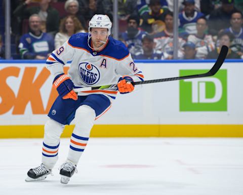 VANCOUVER, CANADA – OCTOBER 11: Leon Draisaitl #29 of the Edmonton Oilers skates up ice during the first period of their NHL game against the Vancouver Canucks at Rogers Arena on October 11, 2023 in Vancouver, British Columbia, Canada. (Photo by Derek Cain/Getty Images)