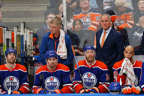 Nov 13, 2023; Edmonton, Alberta, CAN; Edmonton Oilers Assistant Coach Paul Coffey looks on from the bench against the New York Islanders at Rogers Place. Mandatory Credit: Perry Nelson-USA TODAY Sports