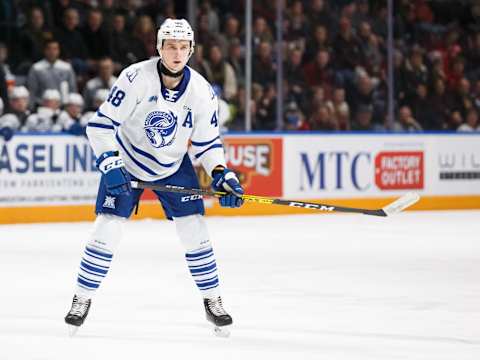 Thomas Harley #48 of the Mississauga Steelheads. (Photo by Chris Tanouye/Getty Images)