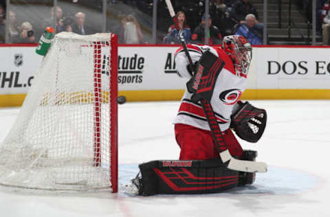 DENVER, CO – MARCH 11: Goaltender Petr Mrazek #34 of the Carolina Hurricanes makes a save against the Colorado Avalanche at the Pepsi Center on March 11, 2019 in Denver, Colorado. The Hurricanes defeated the Avalanche 3-0. (Photo by Michael Martin/NHLI via Getty Images)