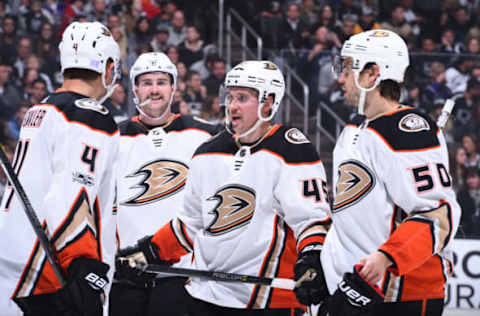 LOS ANGELES, CA – NOVEMBER 25: Sami Vatanen #45, Logan Shaw #48, Antoine Vermette #50, and Cam Fowler #4 of the Anaheim Ducks converse during a game against the Los Angeles Kings. (Photo by Juan Ocampo/NHLI via Getty Images)