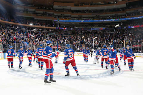 NEW YORK, NY – NOVEMBER 12: The New York Rangers celebrate after defeating the Pittsburgh Penguins in overtime at Madison Square Garden on November 12, 2019 in New York City. (Photo by Jared Silber/NHLI via Getty Images)