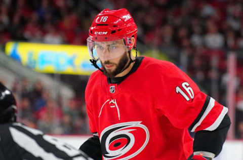 Feb 25, 2020; Raleigh, North Carolina, USA; Carolina Hurricanes center Vincent Trocheck (16) gets ready for the face off against the Dallas Stars at PNC Arena. The Dallas Stars defeated the Carolina Hurricanes 4-1. Mandatory Credit: James Guillory-USA TODAY Sports