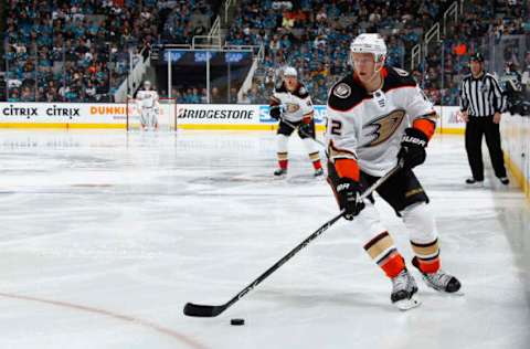 SAN JOSE, CA: Josh Manson #42 of the Anaheim Ducks skates with the puck against the San Jose Sharks in Game Three of the 2018 Western Conference First Round on April 16, 2018, in San Jose, California. (Photo by Rocky W. Widner/NHL/Getty Images)