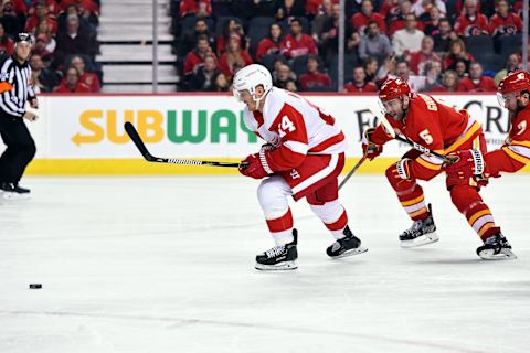 CALGARY, AB – JANUARY 18: Detroit Red Wings Right Wing Gustav Nyquist (14) races in on a breakaway during the third period of an NHL game where the Calgary Flames hosted the Detroit Red Wings on January 18, 2019, at the Scotiabank Saddledome in Calgary, AB. (Photo by Brett Holmes/Icon Sportswire via Getty Images)