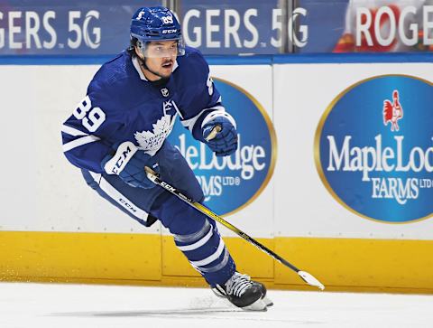 TORONTO, ON – APRIL 13: Nick Robertson #89 of the Toronto Maple Leafs  . (Photo by Claus Andersen/Getty Images)