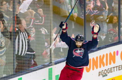 COLUMBUS, OH – APRIL 23: Columbus Blue Jackets left wing Nick Foligno (71) celebrates after scoring a goal during game 6 in the first round of the Stanley Cup Playoffs at Nationwide Arena in Columbus, Ohio on April 23, 2018. (Photo by Adam Lacy/Icon Sportswire via Getty Images)