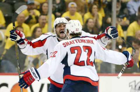 May 1, 2017; Pittsburgh, PA, USA; Washington Capitals left wing Alex Ovechkin (8) and defenseman Kevin Shattenkirk (22) celebrate a game winning goal by Shattenkirk in overtime against the Pittsburgh Penguins in game three of the second round of the 2017 Stanley Cup Playoffs at the PPG PAINTS Arena. Mandatory Credit: Charles LeClaire-USA TODAY Sports