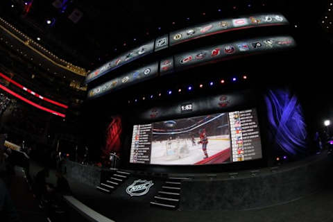 Jun 30, 2013; Newark, NJ, USA; A general view of the stage between picks during the 2013 NHL Draft at the Prudential Center. Mandatory Credit: Ed Mulholland-USA TODAY Sports