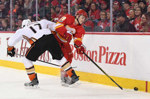 Apr 2, 2017; Calgary, Alberta, CAN; Calgary Flames left wing Matthew Tkachuk (19) battles for the puck against Anaheim Ducks center Ryan Kesler (17) during the first period at Scotiabank Saddledome. Mandatory Credit: Candice Ward-USA TODAY Sports