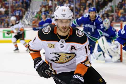 VANCOUVER, BC – MARCH 26: Anaheim Ducks Center Adam Henrique (14) skates up ice during their NHL game against the Vancouver Canucks at Rogers Arena on March 26, 2019, in Vancouver, British Columbia, Canada. Anaheim won 5-4. (Photo by Derek Cain/Icon Sportswire via Getty Images)