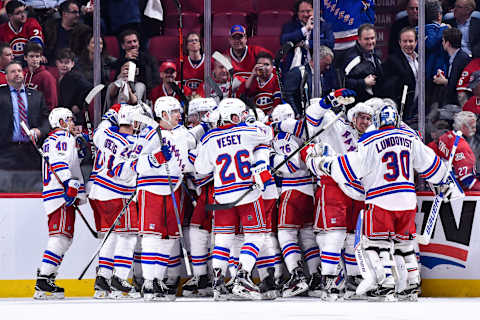 MONTREAL, QC – APRIL 20: The New York Rangers celebrate an overtime victory against the Montreal Canadiens in Game Five of the Eastern Conference First Round during the 2017 NHL Stanley Cup Playoffs at the Bell Centre on April 20, 2017 in Montreal, Quebec, Canada. (Photo by Minas Panagiotakis/Getty Images)