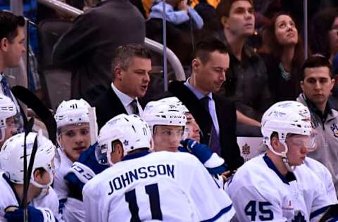 TORONTO, ON – NOVEMBER 25: Head Coach Sheldon Keefe of the Toronto Marlies gives instructions to his team during AHL game action against the Belleville Senators on November 25, 2017 at Air Canada Centre in Toronto, Ontario, Canada. (Photo by Graig Abel/Getty Images)