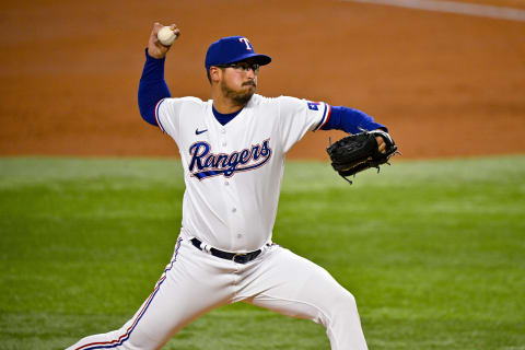 Apr 4, 2023; Arlington, Texas, USA; Texas Rangers starting pitcher Dane Dunning (33) pitches in relief against the Baltimore Orioles during the third inning at Globe Life Field. Mandatory Credit: Jerome Miron-USA TODAY Sports