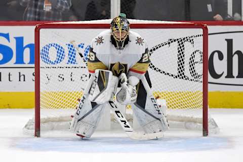 CHICAGO, IL – NOVEMBER 27: Vegas Golden Knights goaltender Marc-Andre Fleury (29) defends his goal in third period action during a NHL game between the Chicago Blackhawks and the Vegas Golden Knights on November 27, 2018 at the United Center, in Chicago, Illinois. (Photo by Robin Alam/Icon Sportswire via Getty Images)