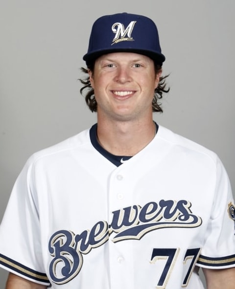 Feb 26, 2016; Maryvale, AZ, USA; Milwaukee Brewers Breett Phillips (77) poses for photo day at Maryvale Baseball Park. Mandatory Credit: Rick Scuteri-USA TODAY Sports