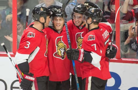 NHL Power Rankings: Ottawa Senators right wing Mark Stone (61) celebrates with teammates after scoring a goal in the third period against the Arizona Coyotes at the Canadian Tire Centre. The Senators won 7-4. Mandatory Credit: Marc DesRosiers-USA TODAY Sports