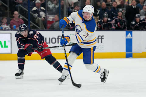 Apr 14, 2023; Columbus, Ohio, USA; Buffalo Sabres left wing Victor Olofsson (71) shoots the puck during the third period against the Columbus Blue Jackets at Nationwide Arena. Mandatory Credit: Jason Mowry-USA TODAY Sports