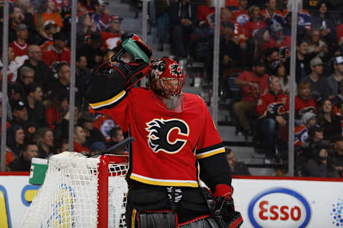 CALGARY, AB – MARCH 31: Mike Smith #41 of the Calgary Flames skates against the Edmonton Oilers during an NHL game on March 31, 2018 at the Scotiabank Saddledome in Calgary, Alberta, Canada. (Photo by Gerry Thomas/NHLI via Getty Images)