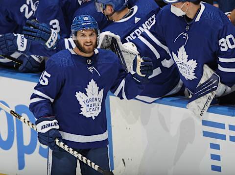 TORONTO, ON – FEBRUARY 17: Alex Kerfoot #15 of the Toronto Maple Leafs   (Photo by Claus Andersen/Getty Images)