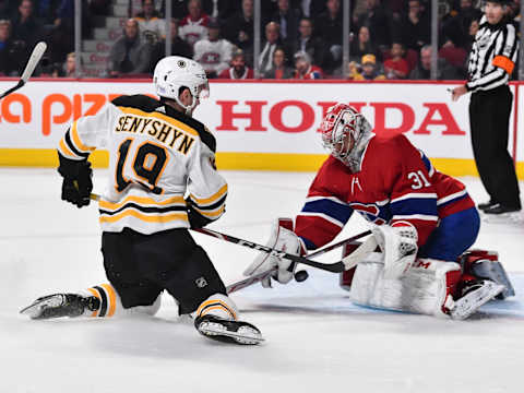 MONTREAL, QC – NOVEMBER 05: Zach Senyshyn #19 of the Boston Bruins is stopped by Carey Price #31 of the Montreal Canadiens during the first period at the Bell Centre on November 5, 2019 in Montreal, Canada. The Montreal Canadiens defeated the Boston Bruins 5-4. (Photo by Minas Panagiotakis/Getty Images)