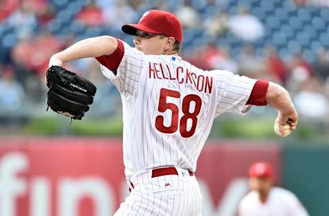 Jun 15, 2016; Philadelphia, PA, USA; Philadelphia Phillies starting pitcher Jeremy Hellickson (58) throws a pitch during the first inning against the Toronto Blue Jays at Citizens Bank Park. Mandatory Credit: Eric Hartline-USA TODAY Sports