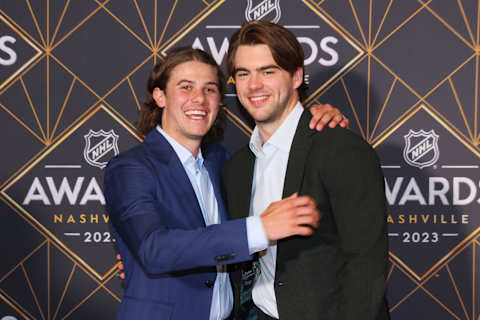 NASHVILLE, TENNESSEE – JUNE 26: Jack Hughes and Nico Hischier of the New Jersey Devils is seen on the Red Carpet before the 2023 NHL Awards at Bridgestone Arena on June 26, 2023 in Nashville, Tennessee. (Photo by Bruce Bennett/Getty Images)