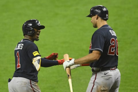 Jul 4, 2023; Cleveland, Ohio, USA; Atlanta Braves second baseman Ozzie Albies (1) celebrates his solo home run with first baseman Matt Olson (28) in the ninth inning against the Cleveland Guardians at Progressive Field. Mandatory Credit: David Richard-USA TODAY Sports