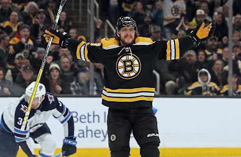 BOSTON, MA. – JANUARY 9: David Pastrnak #88 of the Boston Bruins celebrates his goal as Tucker Poolman #3 of the Winnipeg Jets goes down during the first quarter of the NHL game at the TD Garden on January 9, 2020 in Boston, Massachusetts. (Staff Photo By Matt Stone/MediaNews Group/Boston Herald)