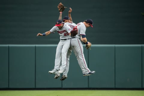 BALTIMORE, MD- MAY 24: Eddie Rossario #20, Byron Buxxton #25 and Max Keppler #26 celebrate against the Baltimore Orioles on May 24, 2017 at Oriole Park at Camden Yards in Baltimore, Maryland. The Twins defeated the Orioles 4-3. (Photo by Brace Hemmelgarn/Minnesota Twins/Getty Images)