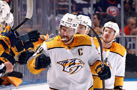 The Nashville Predators celebrate a second period goal by Roman Josi #59 against the New York Islanders at the UBS Arena on December 02, 2022 in Elmont, New York. (Photo by Bruce Bennett/Getty Images)