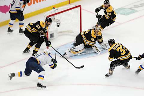 BOSTON, MASSACHUSETTS – MAY 29: Vladimir Tarasenko #91 of the St. Louis Blues scores a first period goal past Tuukka Rask #40 of the Boston Bruins in Game Two of the 2019 NHL Stanley Cup Final at TD Garden on May 29, 2019 in Boston, Massachusetts. (Photo by Patrick Smith/Getty Images)