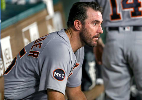 ARLINGTON, TX – AUGUST 15: Detroit Tigers starting pitcher Justin Verlander looks on from the dugout during the MLB game between the Detroit Tigers and Texas Rangers on August 15, 2017, at Globe Life Park in Arlington, TX. Texas defeats Detroit 10-4. (Photo by Steve Nurenberg/Icon Sportswire via Getty Images)