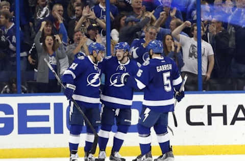 NHL Team Name Origins: Tampa Bay Lightning D Nikita Nesterov (89) is congratulated by C Valtteri Filppula (51) and D Jason Garrison (5) after he scored a goal against the Flyers  at Amalie Arena. Mandatory Credit: Kim Klement-USA TODAY Sports