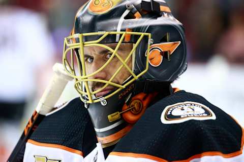 VANCOUVER, BC – MARCH 26: Ryan Miller #30 of the Anaheim Ducks looks on from the bench during their NHL game against the Vancouver Canucks at Rogers Arena March 26, 2019, in Vancouver, British Columbia, Canada. (Photo by Jeff Vinnick/NHLI via Getty Images)”n