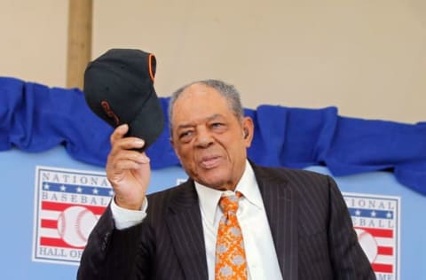 COOPERSTOWN, NY – JULY 22: Hall of Famer Willie Mays is introduced at Clark Sports Center during the Baseball Hall of Fame induction ceremony on July 22, 2012 in Cooperstown, New York. (Photo by Jim McIsaac/Getty Images)