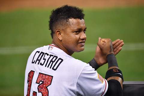 MIAMI, FL – JULY 02: Starlin Castro #13 of the Miami Marlins in the dugout during the game against the Tampa Bay Rays at Marlins Park on July 2, 2018 in Miami, Florida. (Photo by Mark Brown/Getty Images)