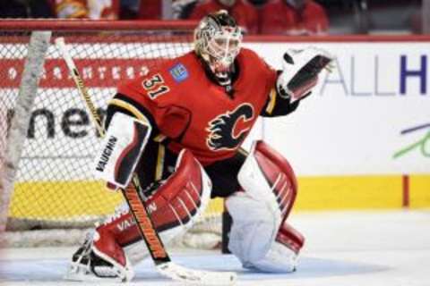 Feb 3, 2016; Calgary, Alberta, CAN; Calgary Flames goalie Karri Ramo (31) warms up against the Carolina Hurricanes at Scotiabank Saddledome. Mandatory Credit: Candice Ward-USA TODAY Sports